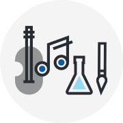Ilustración de una guitarra, una nota musical, una probeta y un pincel Ilustración de una guitarra, una nota musical, una probeta y un pincel