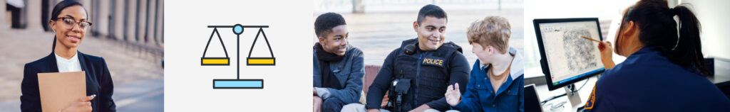Mujer con traje negro, ilustración de una balanza, agentes de policía y mujer mirando una huella dactilar.