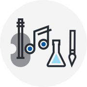 Ilustración de una guitarra, una nota musical, una probeta y un pincel Ilustración de una guitarra, una nota musical, una probeta y un pincel