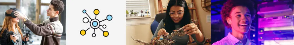 Gente jugando con gafas VR, mujeres construyendo un proyecto, niño sonriendo e ilustración de un átomo.